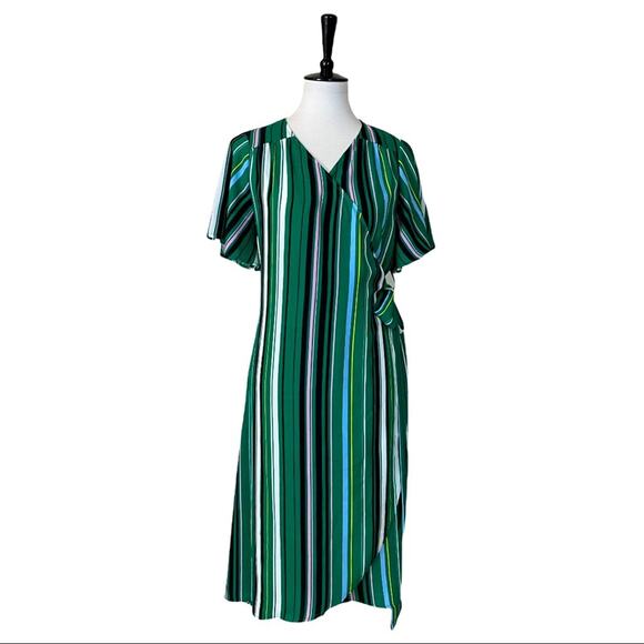 Halogen Women's Wrap Tie Waist Midi Dress Green Black Multi Stripes Size SP - Picture 1 of 14